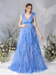 Maternity Plunging Neck Sleeveless Mesh Overlay Photography Dress - Blue - View 5