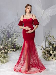 Faeriesty Dressalisa Maternity Puff Sleeve Velvet Cami Prom Party Dress - Red - View 5