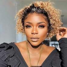 6inch Pixie Cut Wig Human Hair Curly 13x1 Lace Wig Transparent HD Lace Frontal Wigs Short Bob Wig For Women 1B 27 Honey Blonde Colored Wigs - Trendy Color - View 2