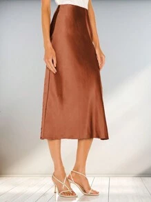 High Waisted Satin Midi Skirt For Women Side Slit A Line Elastic Waistband Casual Skirts  - Brown - View 4