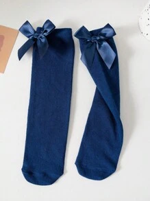 1 双可爱蝴蝶结装饰荷叶边女童及膝袜，舒适透气长袜，适合女婴配饰