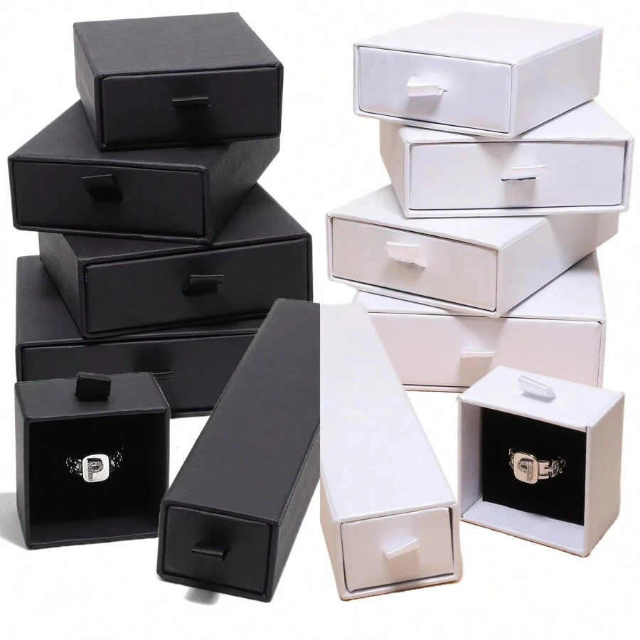 Black White Cardboard Drawer Jewelry Display Box Necklace Brooch Earrings Bracelet Storage Packaging Stand With Ribbon Rope Sponge