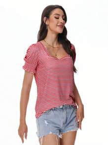 GEREARC Women's Summer Casual Pleated Sleeve Square Neck T-Shirt - 條紋紅 - 查看 3