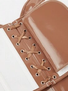 Tops cortos de mujer con corsé de cuero de unicolor, con cordones en la espalda, con huesos de pescado y dobladillo curvo - marrón café - Ver 6