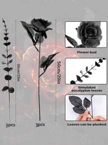 6 件装长茎人造黑玫瑰花，适合居家、婚礼、派对、万圣节、哥特式户外装饰 - 彩色 - 查看 12