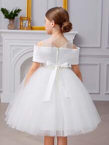 Young Girl Floral 3D Bow Tulle White Dress, Elegant Princess Dress Suitable For Girls Birthday, Party, Wedding, Festival Celebration, Flower Girl Gown - White - View 2