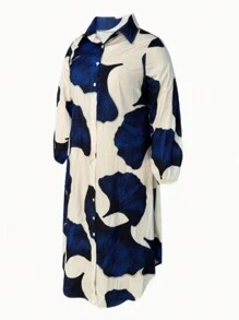 Loose Shirt Dress With Buttons Front, Casual Solid Color Split Hem Dress In Spring And Autumn, Shirt Dresses For Women - Blue and White - View 2