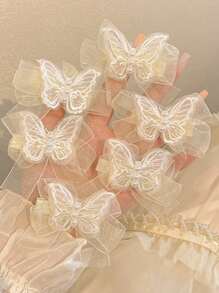 6 件/套女孩蝴蝶发夹公主丝带编织发饰珍珠发带 - 白色 - 查看 8