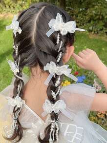 6 件/套女孩蝴蝶发夹公主丝带编织发饰珍珠发带 - 白色 - 查看 3