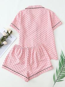 [Elegant Fields] Bộ 2 món đồ ngủ nữ in chấm bi mini, áo tay ngắn cài nút và quần short thắt nơ, đồ mặc nhà mùa hè thích hợp cho mặc ở nhà, bộ hai món. - Hồng - Xem 2