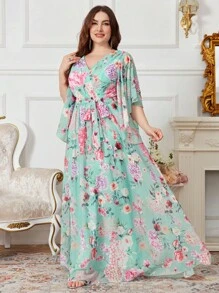 SUPGIR 加大码花卉印花 V 领雪纺荷叶边袖褶腰优雅连衣裙派对礼服婚礼宾客礼服正式礼服晚礼服 - 綠色 - 查看 4