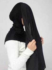 1件装女士经典休闲套头雪纺围巾，纯色舒适透气模压面料颈套，多功能头巾，适合日常穿着。 - 黑色 - 查看 3