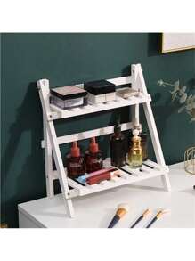 纯手工原木折叠简约时尚书桌收纳架梯形桌面展示架双层固定收纳架带横杆卧室床头架梳妆台收纳架适用于书房，卧室，宿舍，咖啡厅厨房。