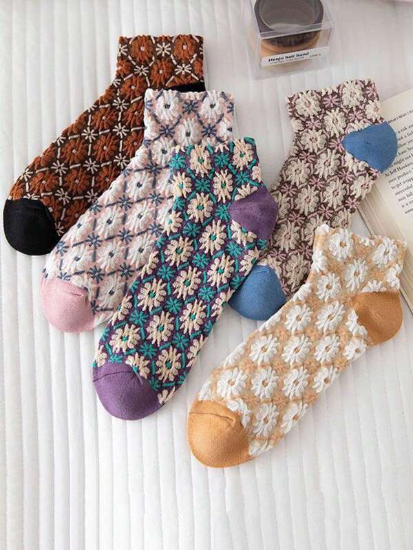 5 pares de calcetines cortos inspirados en la naturaleza con patrón retro de margaritas, transpirables y que absorben el sudor con acabado en relieve