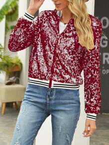 Womens Sequin Long Sleeve Front Zip Jacket With Ribbed Cuffs Sparkly Sequin Bomber Jacket Coat - Red - View 1