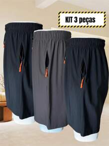 Kit 3 Bermuda Shorts For Men, Imported Shorts For Men, Polyamide, Ice Silk, Gym, Elastane, Casual, Quick Drying - 深灰色 - 查看 1