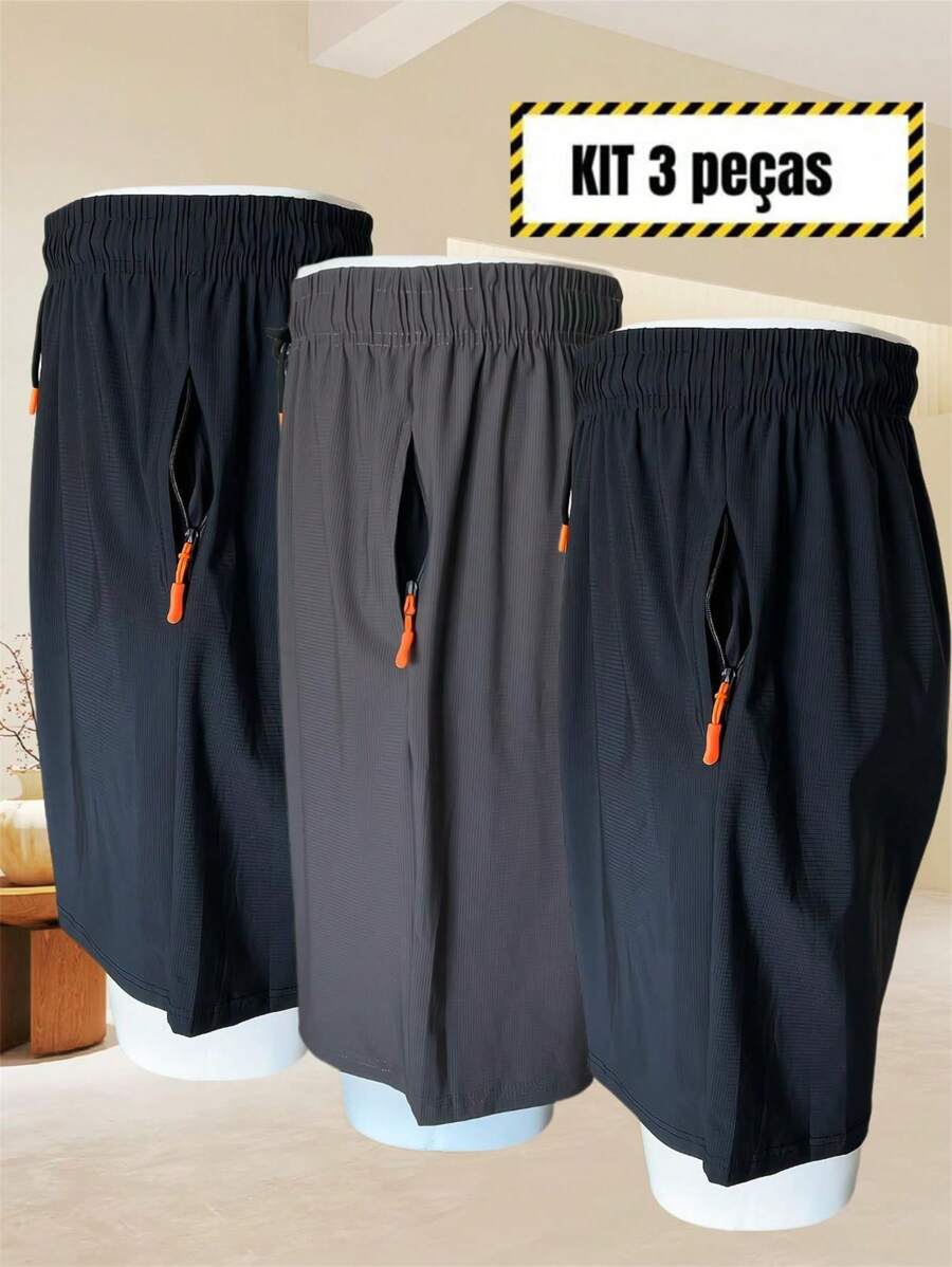 Kit 3 Bermuda Shorts For Men, Imported Shorts For Men, Polyamide, Ice Silk, Gym, Elastane, Casual, Quick Drying - 深灰色 - 查看 1