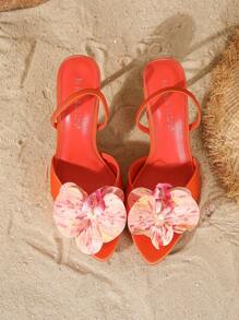 On feet& in love Sandalias de tacón alto de satén con estampado floral para mujer, de punta estrecha, con tiras en el empeine y tacón fino
