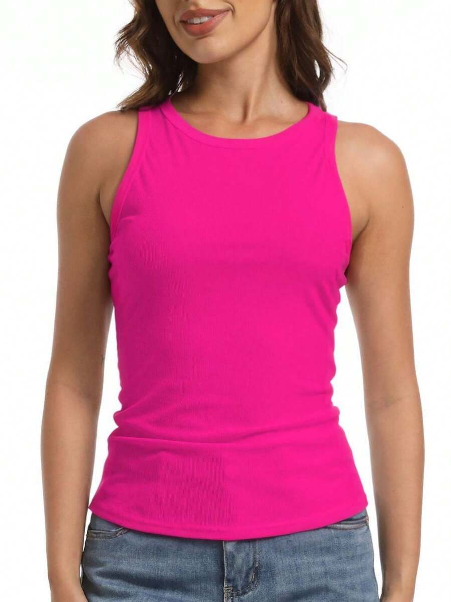 KAHULE Womens Sleeveless Racerback High Neck Basic Ribbed Fitted Tank Top Summer Casual Tops - 玫紅色 - 查看 1