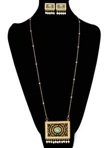 3 件套精致水钻仿珍珠镶嵌项链耳环优雅奢华风格宴会金首饰套装 - 珍珠流蘇 - 查看 11