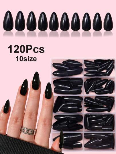 120 piezas de uñas postizas negras en forma de almendra de cobertura completa, uñas acrílicas falsas para niñas jóvenes, suministros de uñas acrílicas de unicolor en forma de almendra, set de uñas en caja de regalo, uñas prefabricadas creativas para salón o manualidades DIY