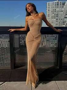 Elegante dames pailletten doorschijnende zeemeermin zoom bodycon jurk, glinsterende feestavondjurk