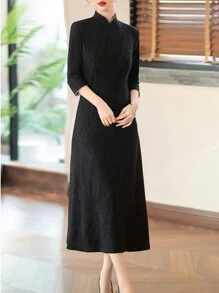 New Chinese Style Slim Cheongsam Dress Women Stand Collar 3/4 Sleeve Waist Tie Modern Qipao Spring Fall Winter Elegant Dinner Party Cultural Fusion - Black - View 5