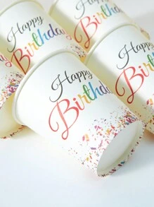 10/25 cốc giấy dùng một lần, đế trắng có ruy băng nhiều màu sắc, thiết kế "Chúc mừng sinh nhật", thích hợp đựng đồ uống lạnh, cốc cà phê, tiệc sinh nhật, họp mặt gia đình, dã ngoại, trang trí tiệc - Nhiều màu - Xem 4