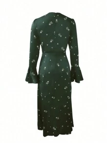Women's Elegant Ditsy Floral Satin Ruffle Sleeve Cinched Waist Flowy Midi Dress, Spring/Summer,Modest - Green - View 3