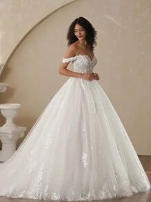 Glitter Ball Gown Wedding Dress Off The Shoulder Shinny Lace Bridal Gown,Bride