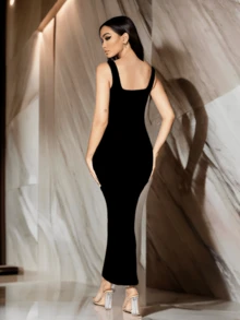 Fashion Square Neckline Fitted Long Dress - Black - View 3