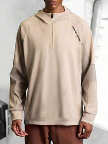 男士休闲连帽拉链百搭拼布华夫格面料柔软小印花设计运动衫上衣，春季 - 卡其色 - 查看 2