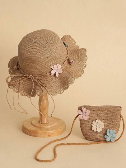 2 peças de decoração de flores para crianças, chapéu de palha e conjunto de bolsa de palha