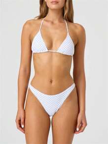 Women's Summer Bikini Set Dot Print Halter Bra With Low Waist Thong 2 Pcs Swimsuit - White - View 1