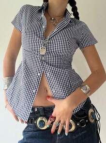 BabeHomee Fall Women Outfits Y2K Back To School Containing Cotton Slim Lapel Short-Sleeved Button Design Blue Checkered University Shirt Top