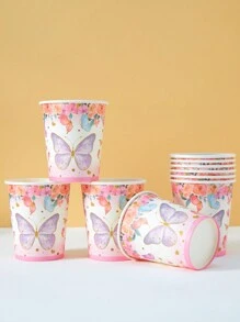 10个/25个一次性纸杯，蝴蝶和花卉设计，适合生日、家庭聚会、野餐、派对装饰