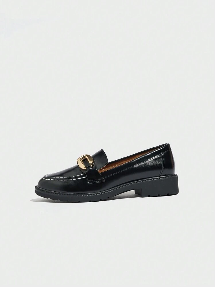 Women's Round Toe Thick Sole Loafers, Metal Buckle Slip-On Flat Shoes, Black, Spring/Autumn - Black - View 7