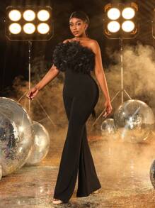 Faeriesty Elegant Strapless Applique Detail Party Jumpsuit - Black - View 7