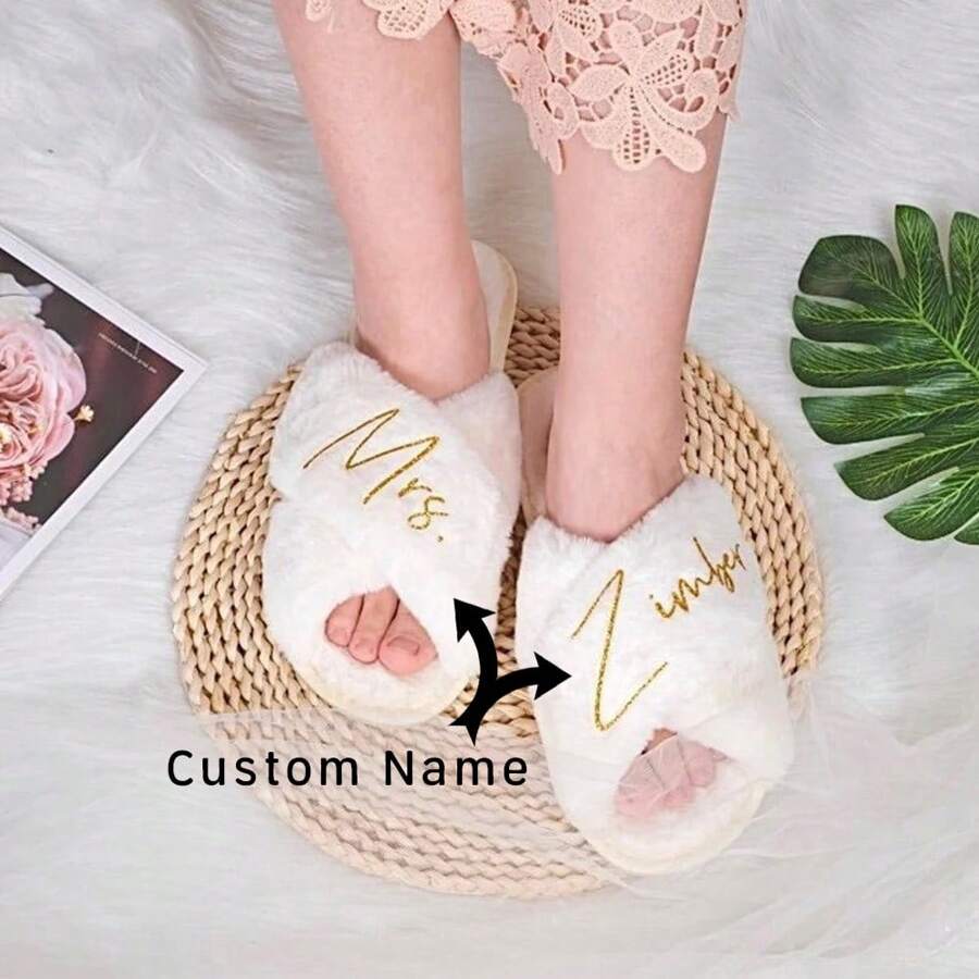 1 Pair Customized X-Shaped Plush Wedding Slippers, Personalized ...