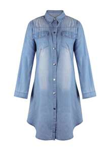 Vestido camisero vaquero de moda para mujer, manga larga, solapa, botonadura sencilla, informal, color liso, túnica - Azul - Ver 3