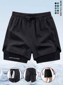 Men's Fashion Printed Shorts With 2 In 1 Design And Pockets, Summer Outdoor Sports Drawstring Shorts