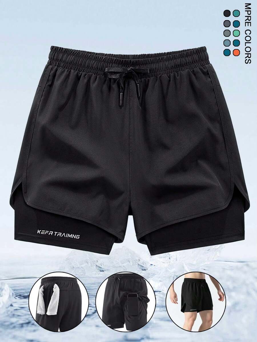 Men's Fashion Printed Shorts With 2 In 1 Design And Pockets, Summer Outdoor Sports Drawstring Shorts