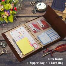 A5 Blank Page Vintage Leather Journal Notebook, Refillable Writing Diary, Travel Diary, Art Sketchbook, Gift For Women, Men, Teenage Girls And Boys, 160 Pages,School Supplies,Back To School - Multicolor - View 5