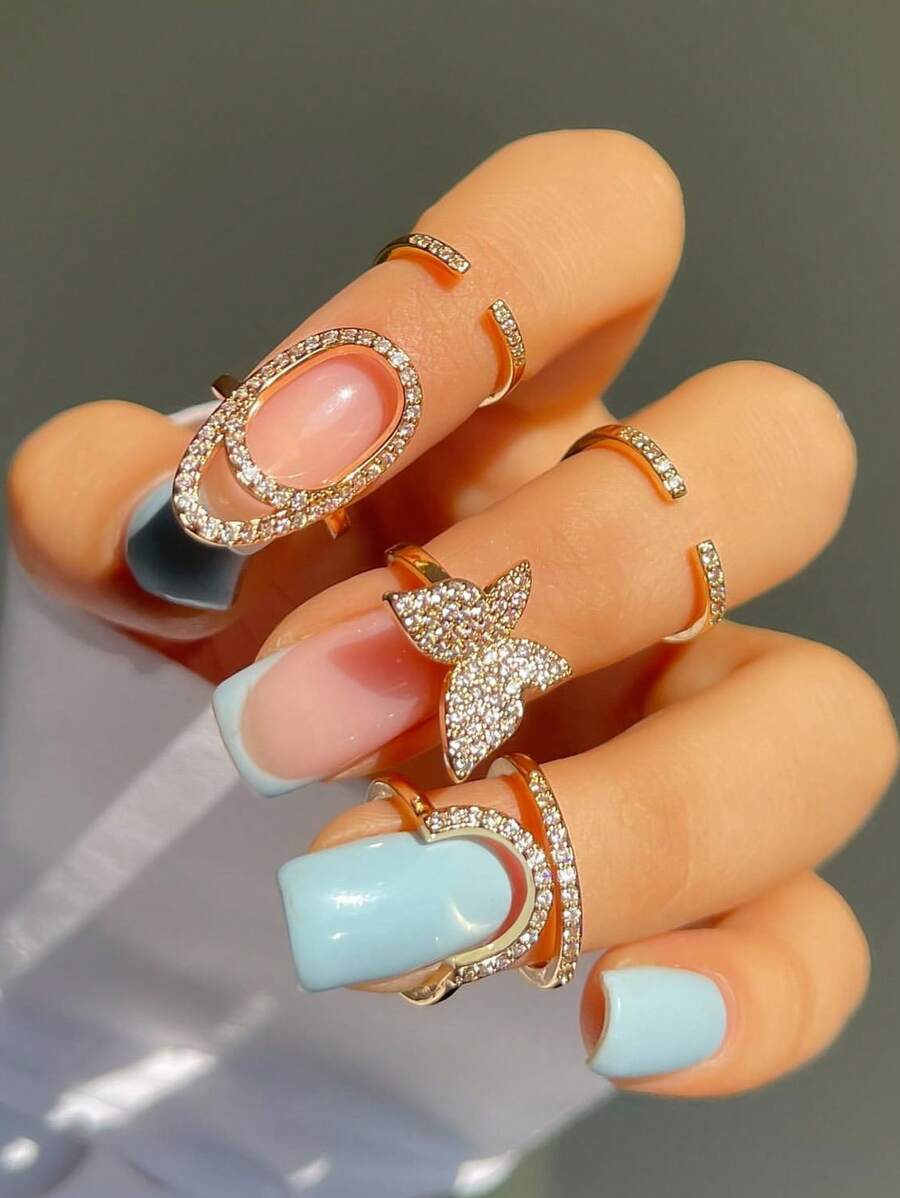 3 件套优雅水钻几何蝴蝶指甲套可调节环，女士时尚配饰 - 金色 - 查看 1