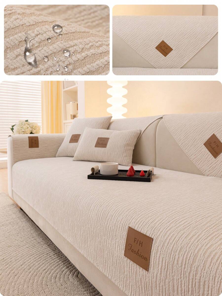 1pc Spill-Resistant Chenille Striped Sofa Cover, 1/2/3/4 Seat Sofa Cushion Cover, Armrest Backrest Protector, Non-Slip For All Seasons - White - View 1