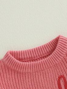 Suéteres de Pascua para niños pequeños con estampado de orejas de conejo y letras, manga larga, cuello redondo, punto acanalado - Rosa - Ver 7