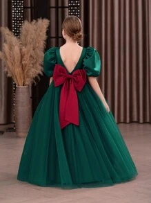 Tween Girl 蝴蝶结后背深 V 泡泡袖网纱薄纱公主裙，适合圣诞节、生日、婚礼、派对、重要场合、节日 - 酒紅色 - 查看 1