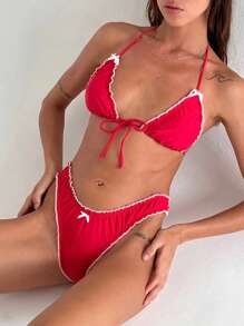 The Women's Summer Bikini Set Features A Top With A Lace Up Collar, Tie Up, Bottom Collar, Backless, And Belly Button Design. Lightweight And Soft, Skin Friendly And Breathable. Suitable For Swimming, Surfing, Beach, Tropical, Honeymoon, Sports, Vacation, Pool Parties, Etc. - 紅色 - 查看 6