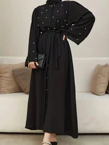 Elegant Solid Color Turkish Style Women's Long Robe Dress, Pearls Embellished Long Sleeve With Belt Abaya,Modest