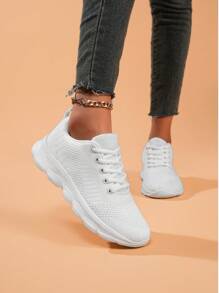 Women's Outdoor Casual Lightweight White Solid Color Breathable Non-Slip Athletic Running Shoes, Suitable For Spring/Autumn